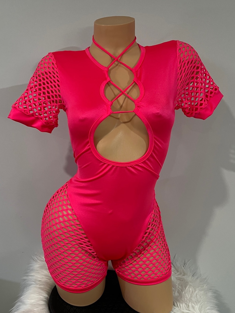 Hot Pink Crisscross Cutout Fishnet Chemise Romper